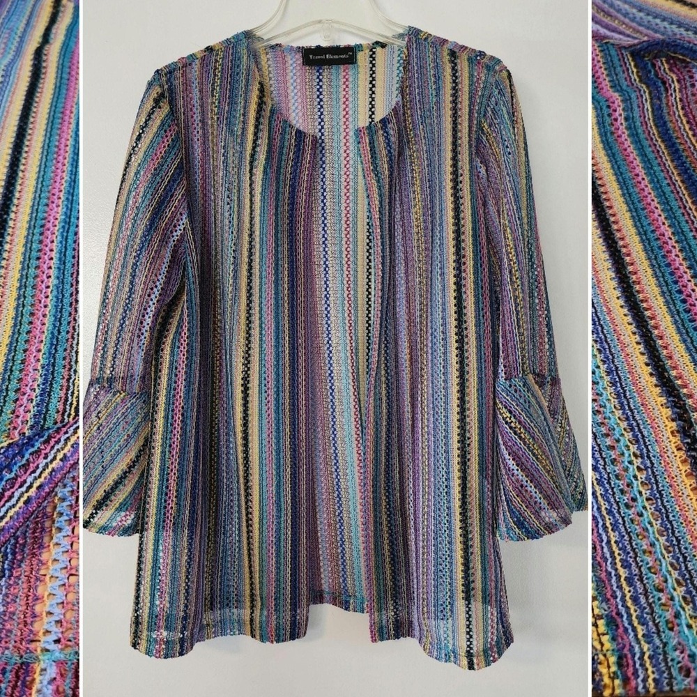 S multicolored open front cardigan colorful vertical stripe pattern, made in USA